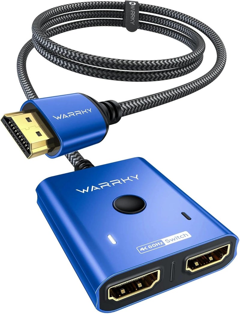 Warrky مفتاح HDMI 4K@60Hz مقسم 2 في 1 مخرج، [كابل HDMI مضفر ثابت بطول 3.3 قدم، علبة ألمنيوم، HDCP 2.2] مفتاح ثنائي الاتجاه 2x1 متوافق مع UHD لجهاز PS5/4، نينتندو سويتش، روكو، فايرستيك – أزرق - Image 1